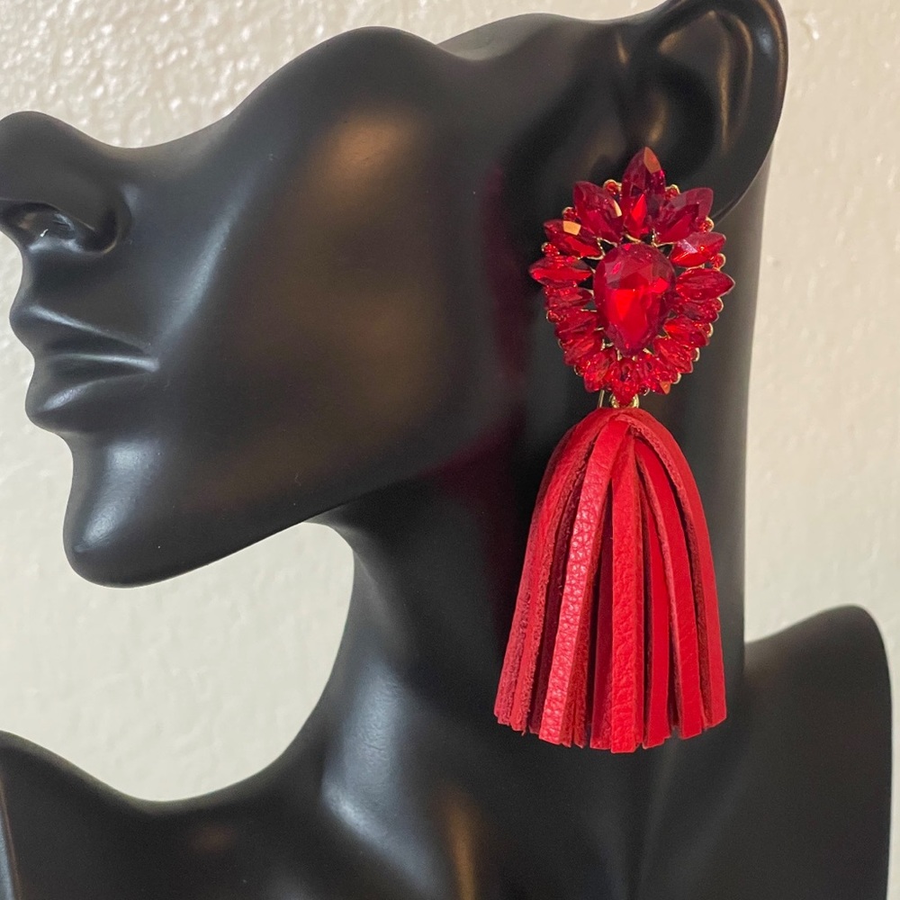 Gemini Genuine Leather Tassel Earrings- Red